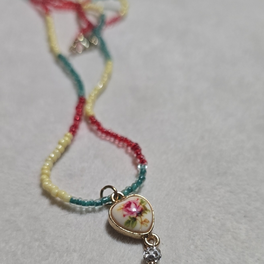 Red and Yellow Beaded Heart Necklace